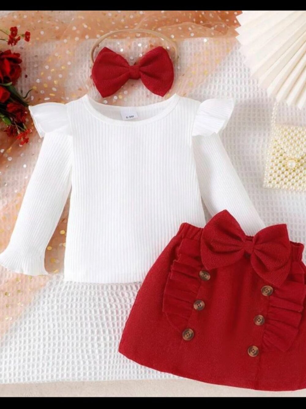 New 3 Pcs Baby Girl Set, Red, White, Skirt, Long sleeve Top, Hair Bow Sz 9-12 mo